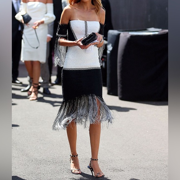 Alexis Antoinette Embroidered Fringed Midi Dress Black/White Small
